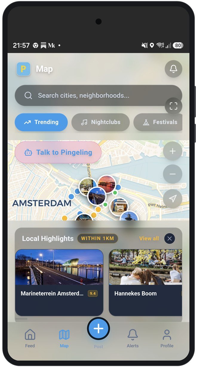 Pingeling MVP map screen: a search bar with Trending, Nightclubs and Festivals filters, a map of Amsterdam dotted with photo pins and a "Talk to Pingeling" button, and a Local Highlights panel listing Marineterrein Amsterdam and Hannekes Boom within 1 km.