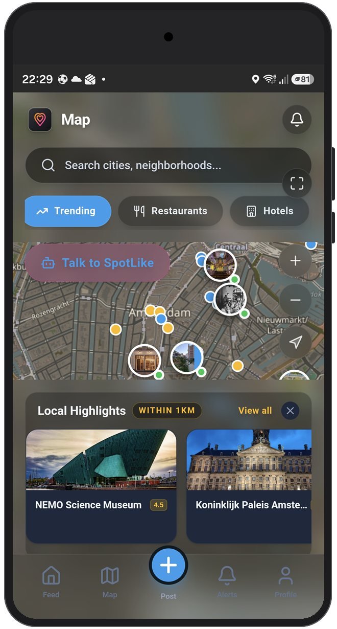 SpotLike MVP map screen: a search bar with Trending, Restaurants and Hotels filters, a dark map of central Amsterdam dotted with photo pins and a "Talk to SpotLike" button, and a Local Highlights panel listing NEMO Science Museum and Koninklijk Paleis Amsterdam within 1 km.